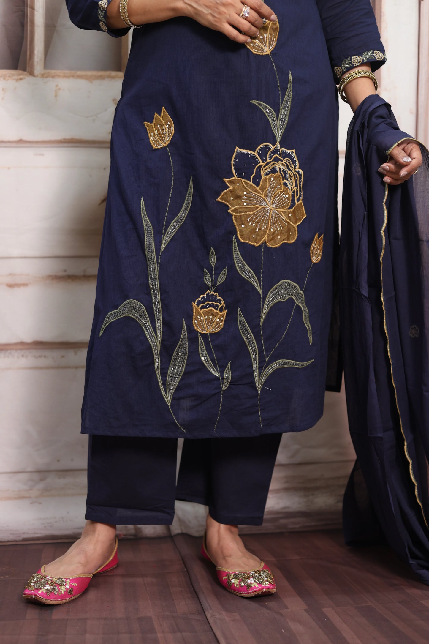 Dark Navy Cotton Kurta Dupatta Set | Pearl, Sequins & Patch Work Design