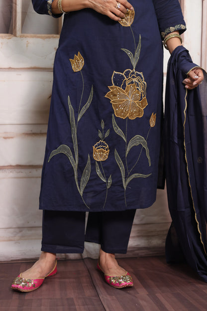 Dark Navy Cotton Kurta Dupatta Set | Pearl, Sequins & Patch Work Design