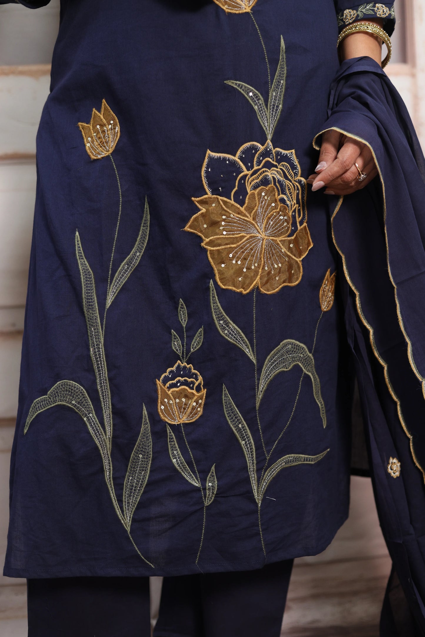 Dark Navy Cotton Kurta Dupatta Set | Pearl, Sequins & Patch Work Design
