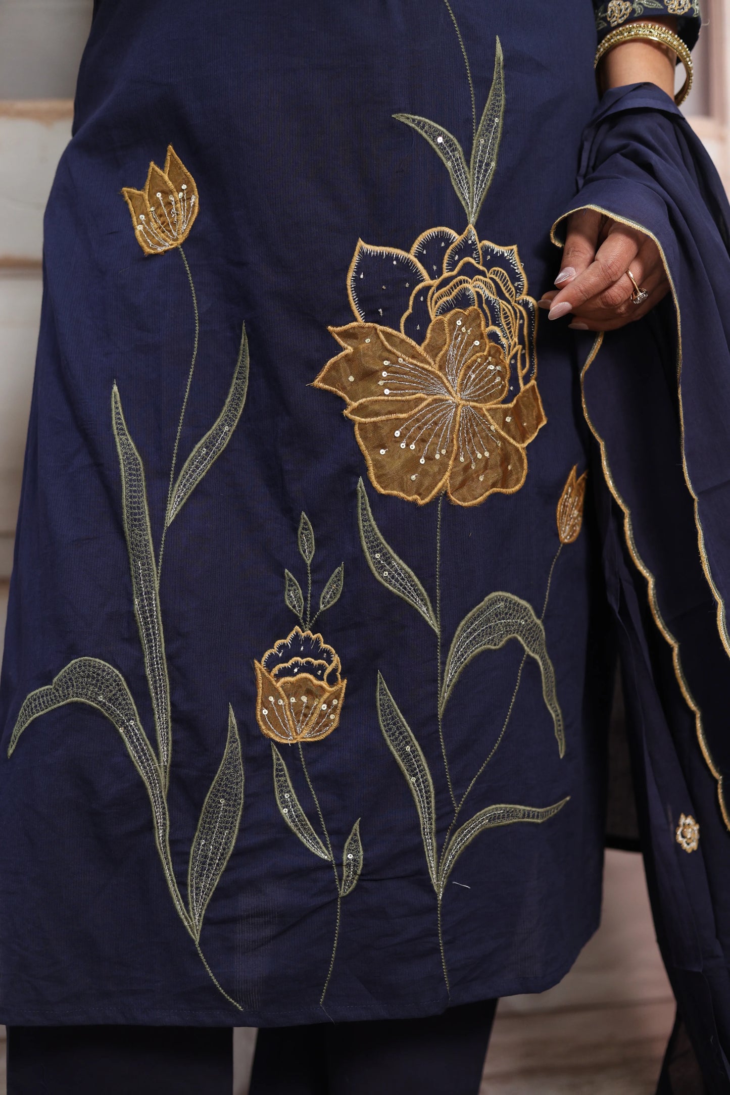 Dark Navy Cotton Kurta Dupatta Set | Pearl, Sequins & Patch Work Design