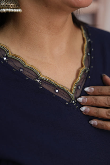 Dark Navy Cotton Kurta Dupatta Set | Pearl, Sequins & Patch Work Design
