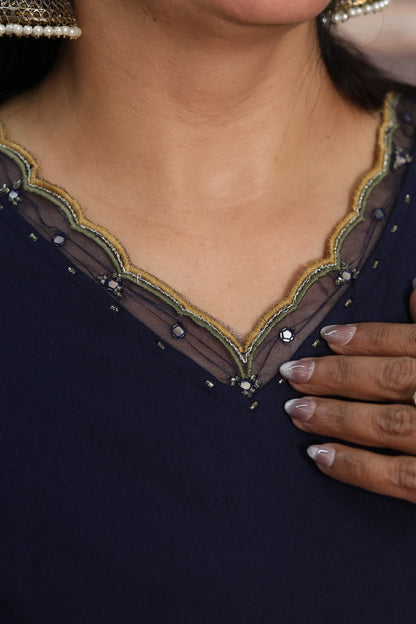 Dark Navy Cotton Kurta Dupatta Set | Pearl, Sequins & Patch Work Design