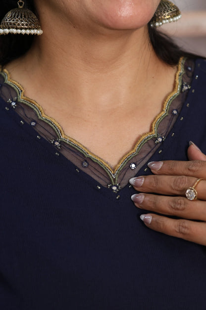 Dark Navy Cotton Kurta Dupatta Set | Pearl, Sequins & Patch Work Design