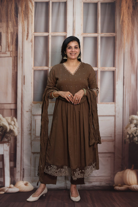 Coffee A-Line Cotton Kurta Dupatta Set | Pearl & Sequins Work with Net Lace Border