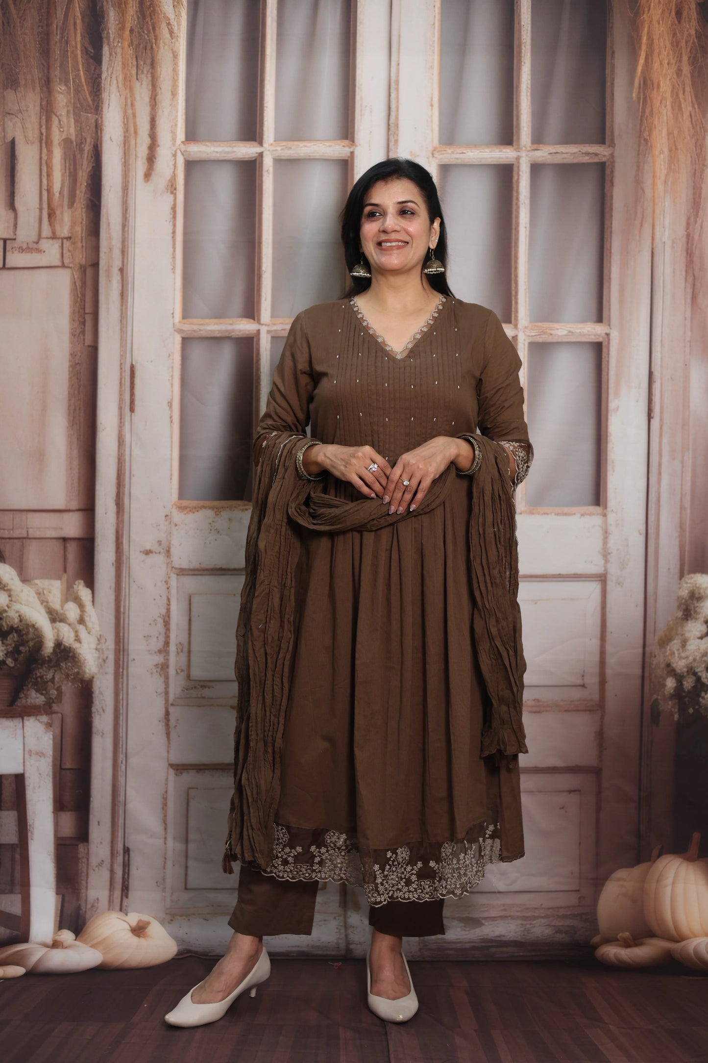 Coffee A-Line Cotton Kurta Dupatta Set | Pearl & Sequins Work with Net Lace Border