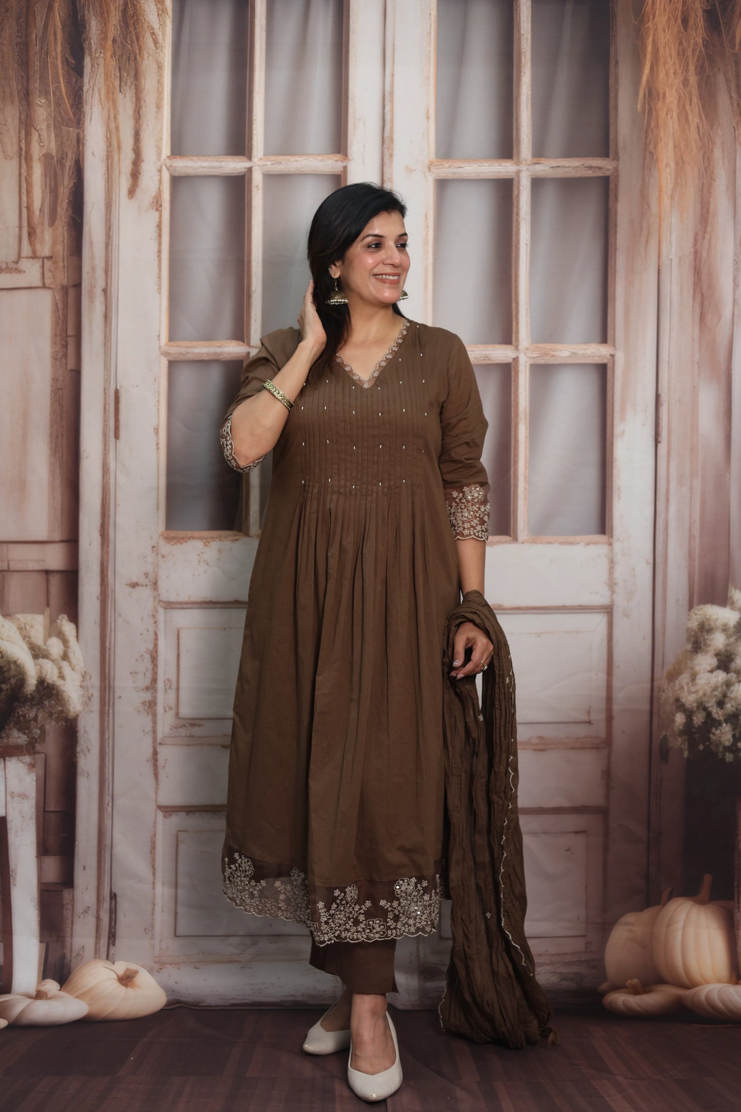 Coffee A-Line Cotton Kurta Dupatta Set | Pearl & Sequins Work with Net Lace Border