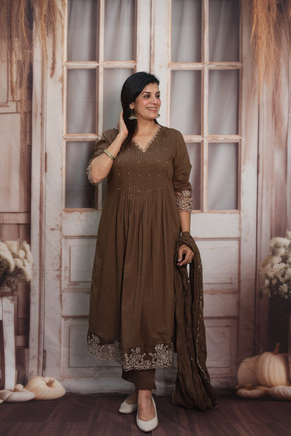 Coffee A-Line Cotton Kurta Dupatta Set | Pearl & Sequins Work with Net Lace Border