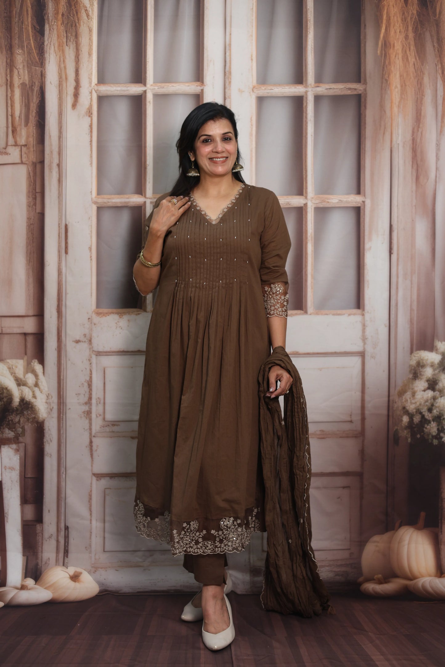 Coffee A-Line Cotton Kurta Dupatta Set | Pearl & Sequins Work with Net Lace Border
