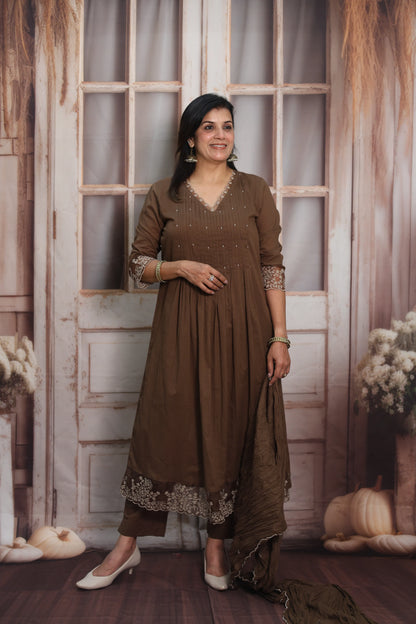 Coffee A-Line Cotton Kurta Dupatta Set | Pearl & Sequins Work with Net Lace Border