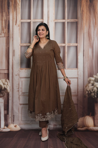 Coffee A-Line Cotton Kurta Dupatta Set | Pearl & Sequins Work with Net Lace Border