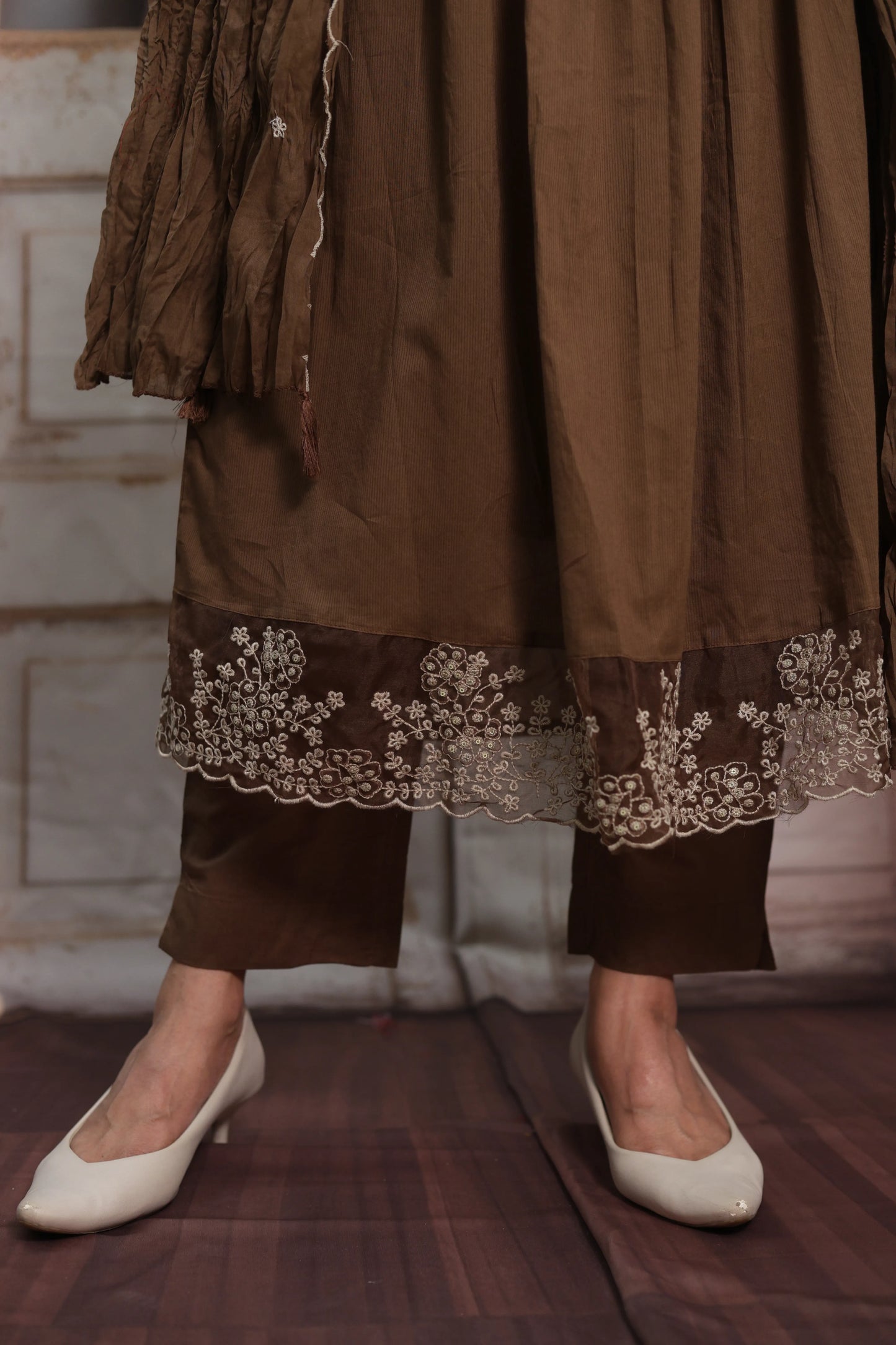 Coffee A-Line Cotton Kurta Dupatta Set | Pearl & Sequins Work with Net Lace Border