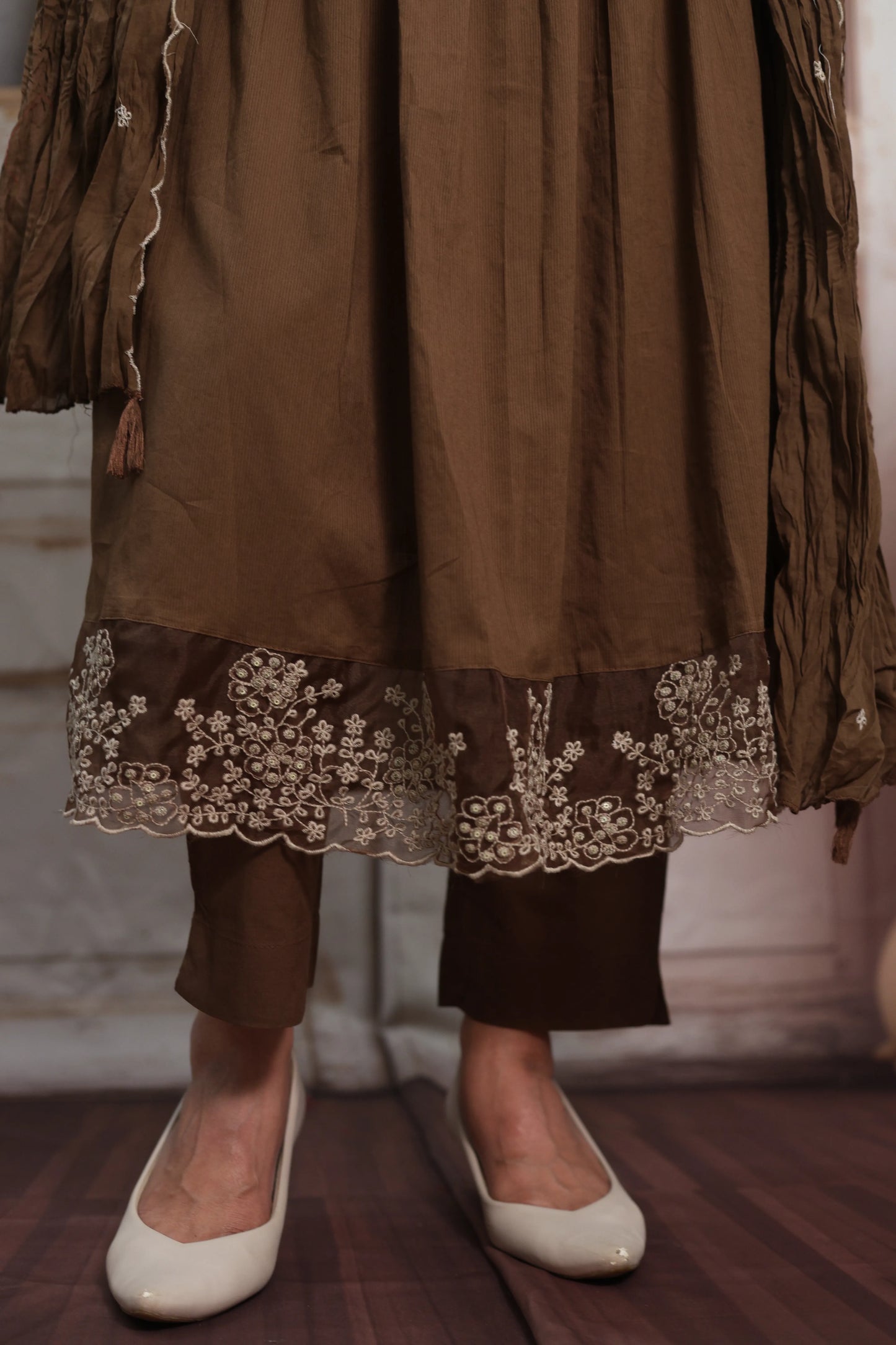 Coffee A-Line Cotton Kurta Dupatta Set | Pearl & Sequins Work with Net Lace Border