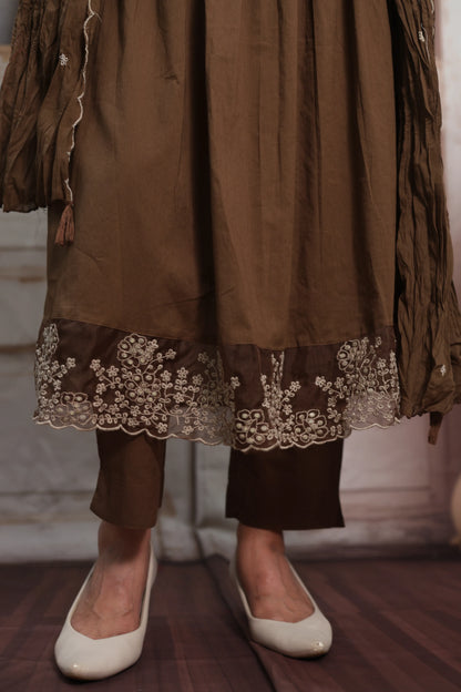 Coffee A-Line Cotton Kurta Dupatta Set | Pearl & Sequins Work with Net Lace Border