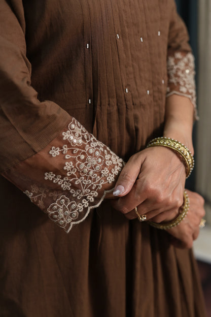 Coffee A-Line Cotton Kurta Dupatta Set | Pearl & Sequins Work with Net Lace Border