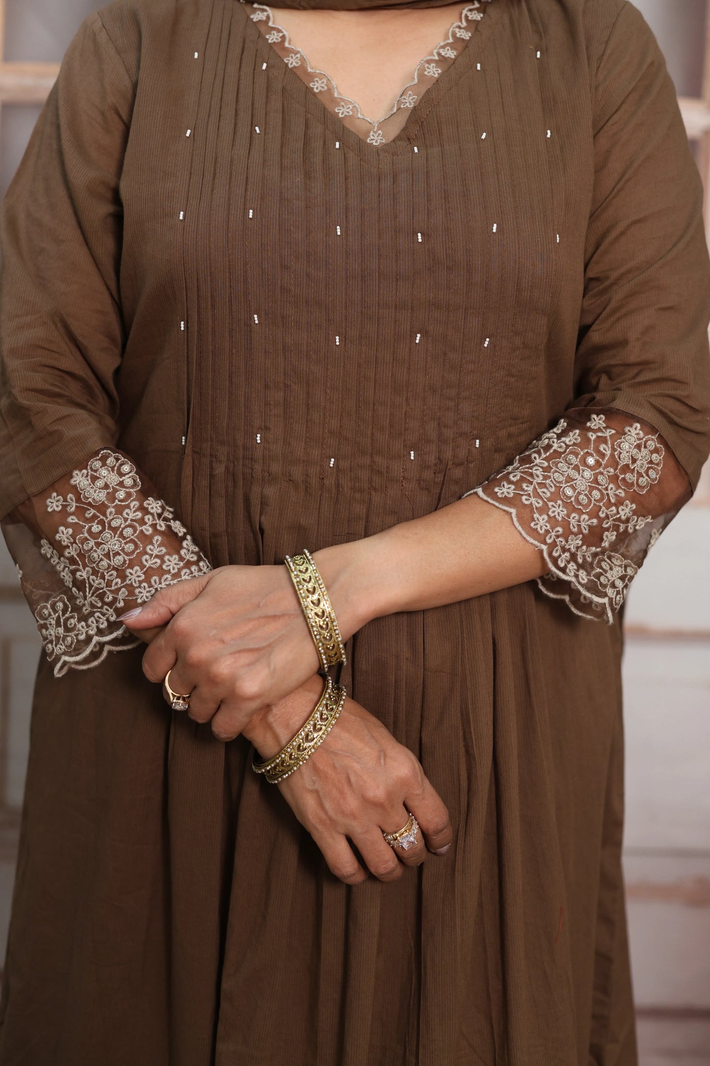 Coffee A-Line Cotton Kurta Dupatta Set | Pearl & Sequins Work with Net Lace Border