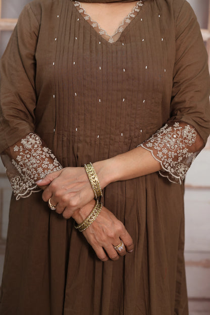 Coffee A-Line Cotton Kurta Dupatta Set | Pearl & Sequins Work with Net Lace Border