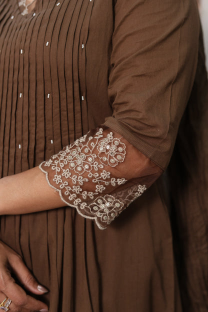 Coffee A-Line Cotton Kurta Dupatta Set | Pearl & Sequins Work with Net Lace Border