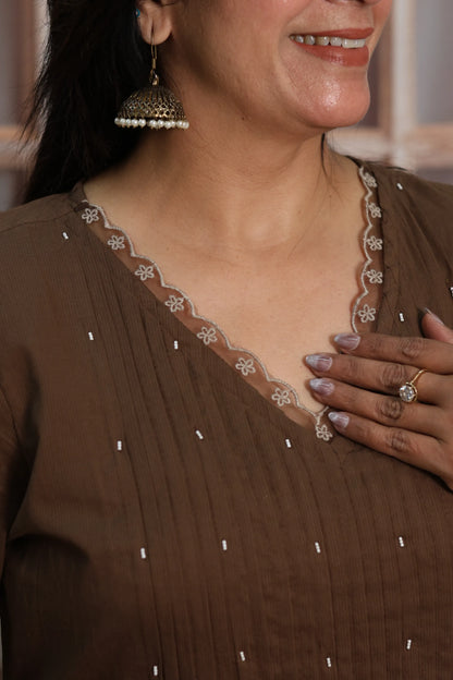 Coffee A-Line Cotton Kurta Dupatta Set | Pearl & Sequins Work with Net Lace Border