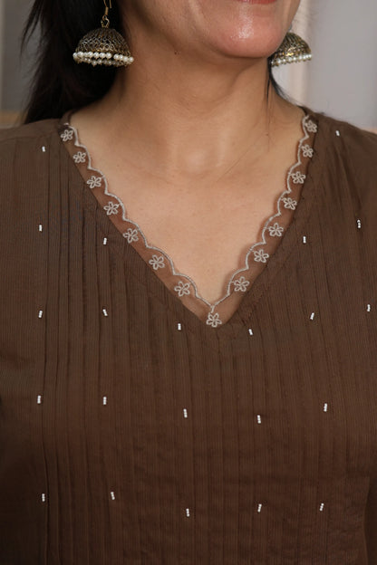 Coffee A-Line Cotton Kurta Dupatta Set | Pearl & Sequins Work with Net Lace Border