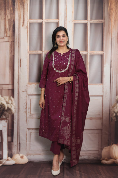 Dark Wine Mul Cotton Kurta Dupatta Set | Gota Patti & Pearl Work with Foil Print