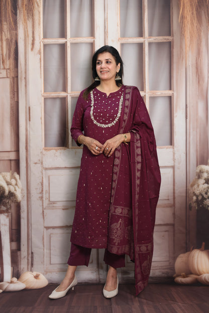Dark Wine Mul Cotton Kurta Dupatta Set | Gota Patti & Pearl Work with Foil Print