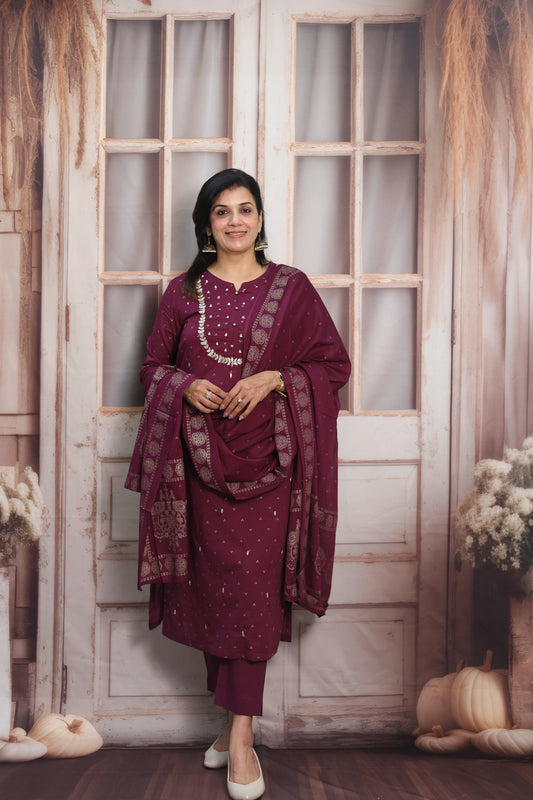 Dark Wine Mul Cotton Kurta Dupatta Set | Gota Patti & Pearl Work with Foil Print