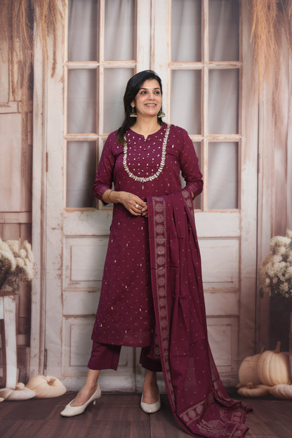 Dark Wine Mul Cotton Kurta Dupatta Set | Gota Patti & Pearl Work with Foil Print