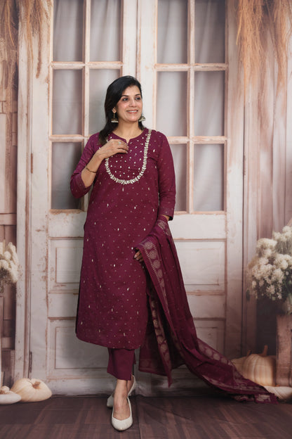 Dark Wine Mul Cotton Kurta Dupatta Set | Gota Patti & Pearl Work with Foil Print