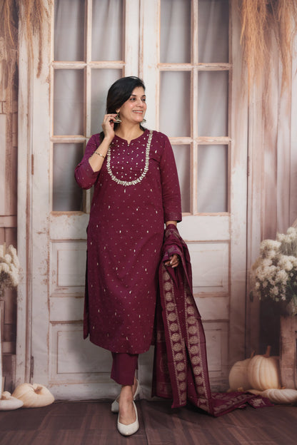 Dark Wine Mul Cotton Kurta Dupatta Set | Gota Patti & Pearl Work with Foil Print