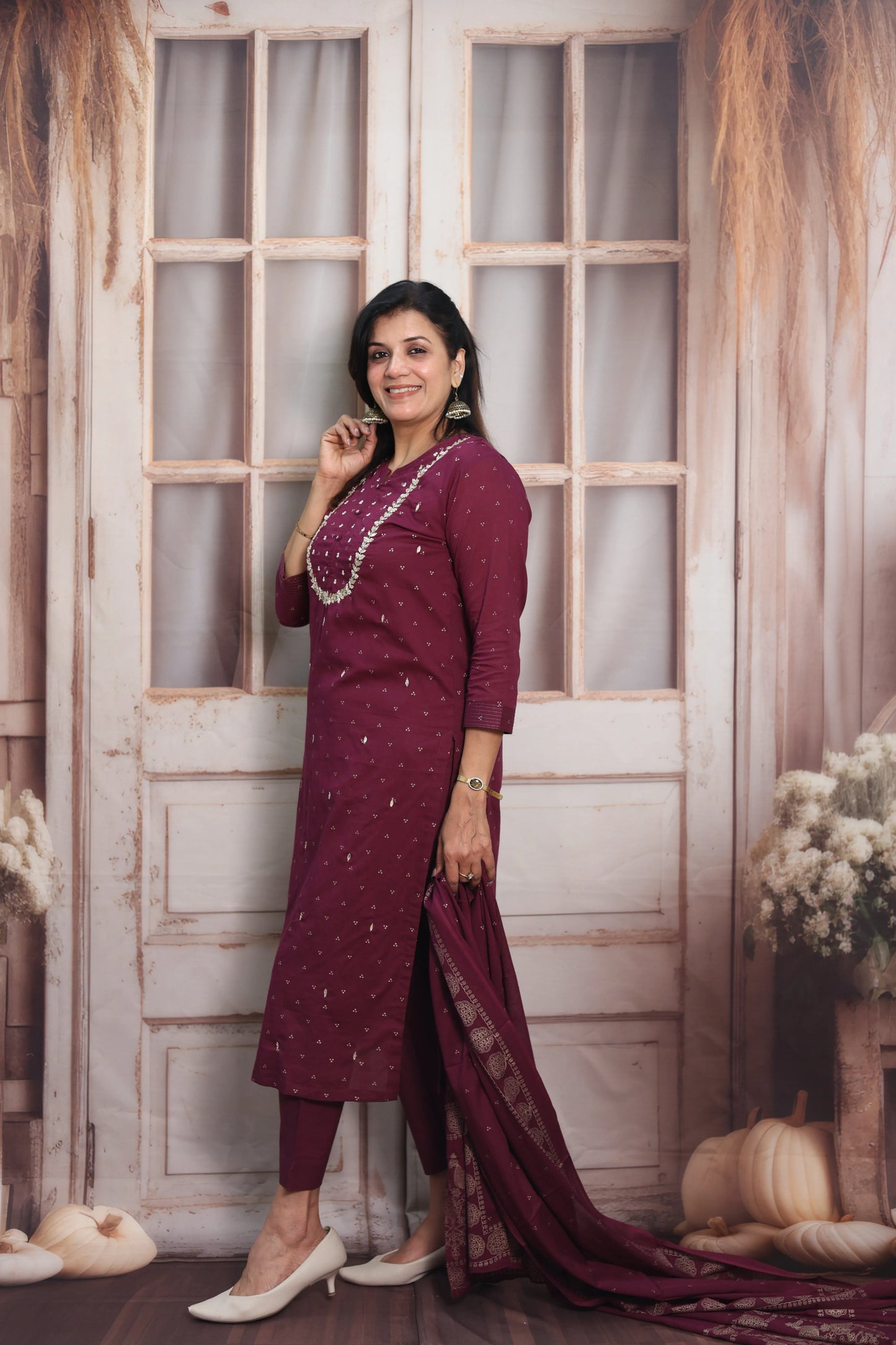 Dark Wine Mul Cotton Kurta Dupatta Set | Gota Patti & Pearl Work with Foil Print