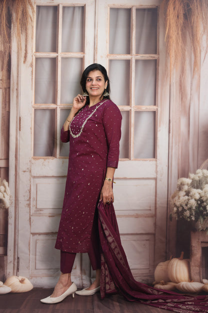 Dark Wine Mul Cotton Kurta Dupatta Set | Gota Patti & Pearl Work with Foil Print
