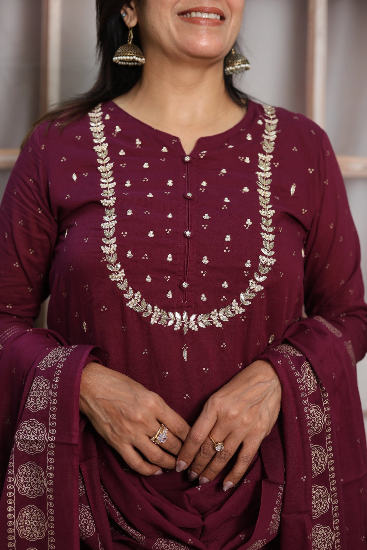 Dark Wine Mul Cotton Kurta Dupatta Set | Gota Patti & Pearl Work with Foil Print