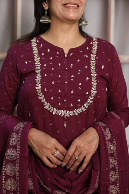 Dark Wine Mul Cotton Kurta Dupatta Set | Gota Patti & Pearl Work with Foil Print