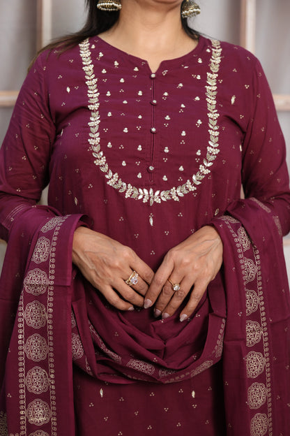 Dark Wine Mul Cotton Kurta Dupatta Set | Gota Patti & Pearl Work with Foil Print
