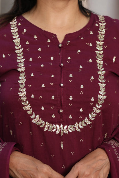 Dark Wine Mul Cotton Kurta Dupatta Set | Gota Patti & Pearl Work with Foil Print