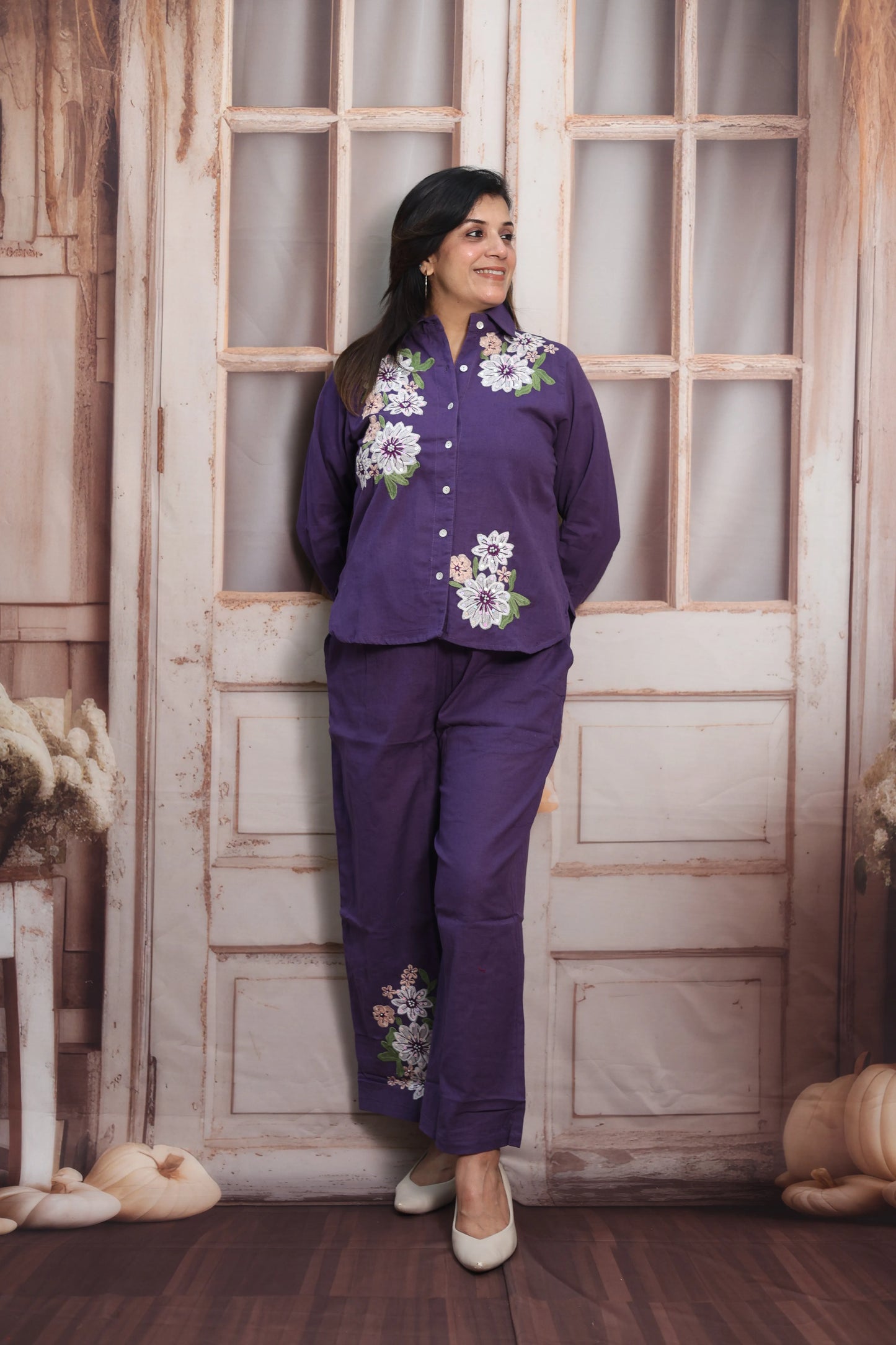 Matte Purple Cotton Co-ord Set | Floral Thread Embroidery Design