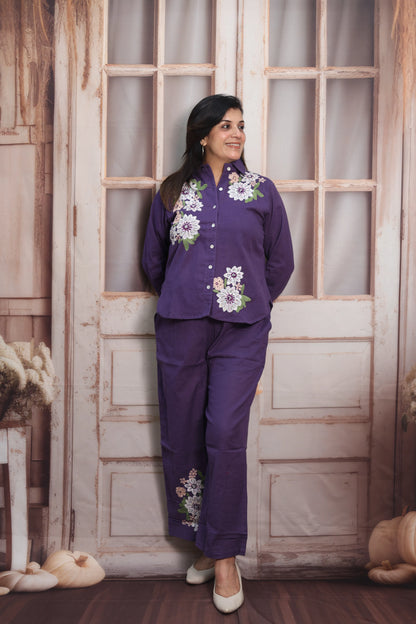 Matte Purple Cotton Co-ord Set | Floral Thread Embroidery Design
