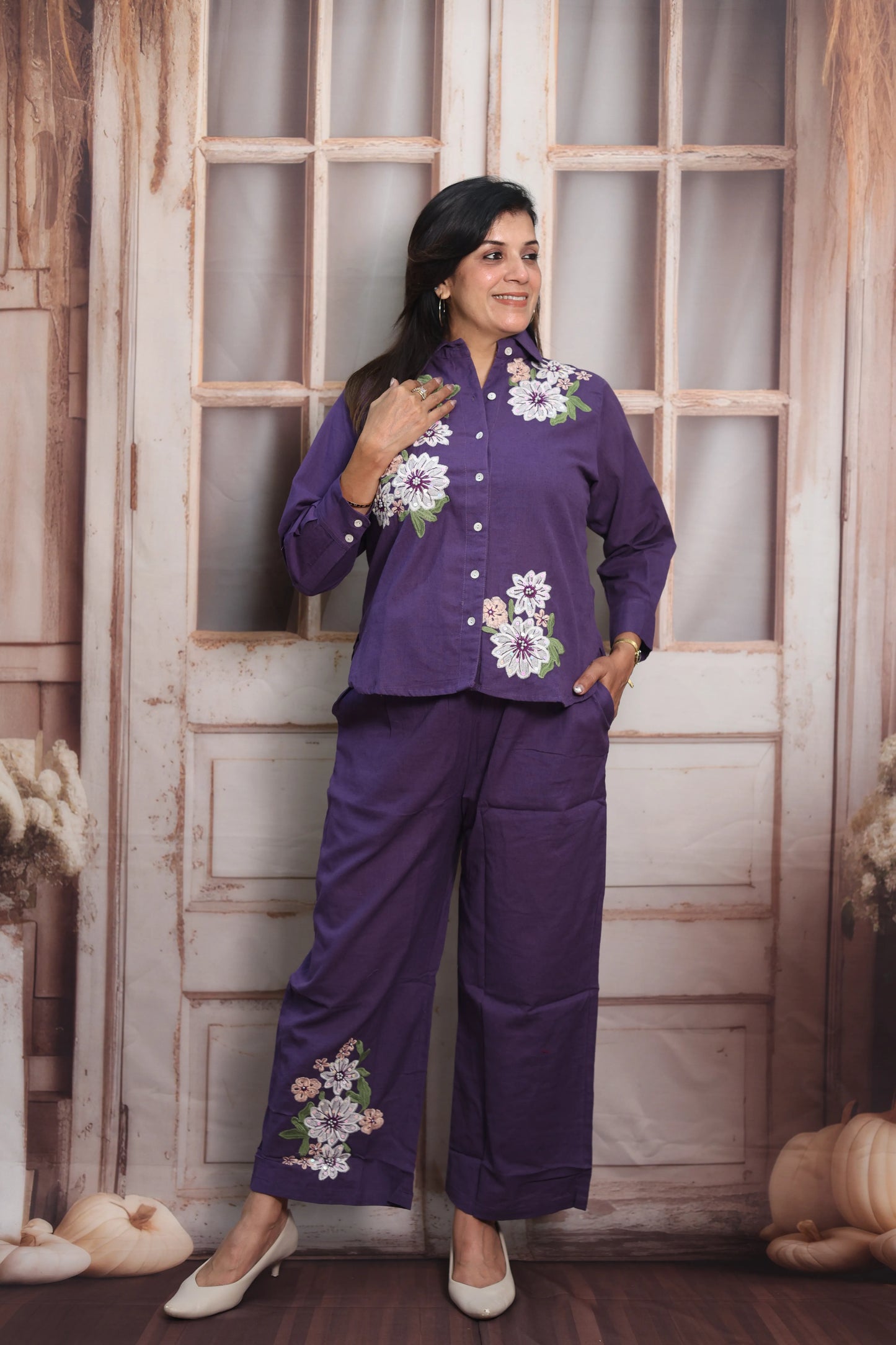 Matte Purple Cotton Co-ord Set | Floral Thread Embroidery Design
