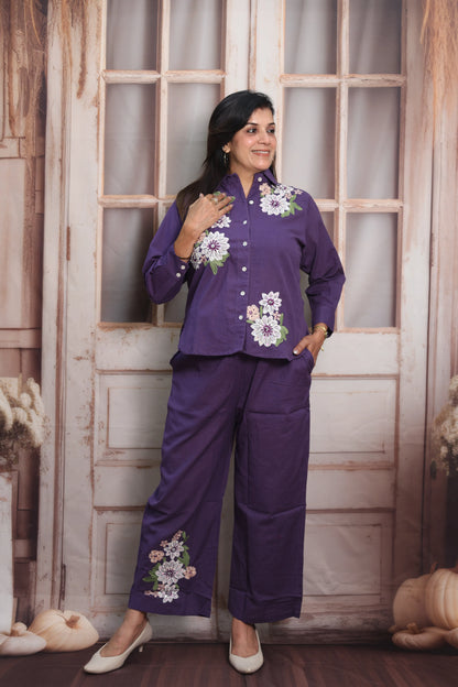 Matte Purple Cotton Co-ord Set | Floral Thread Embroidery Design