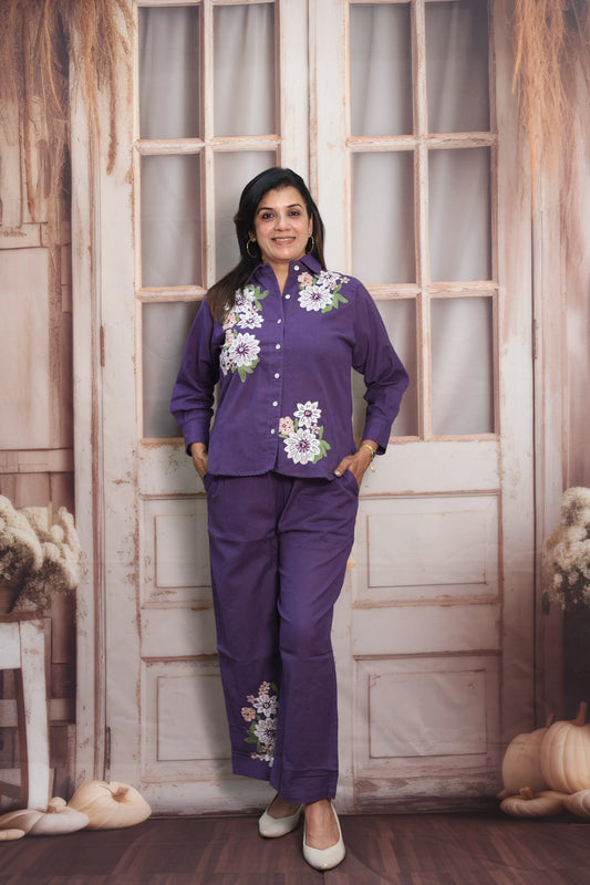 Matte Purple Cotton Co-ord Set | Floral Thread Embroidery Design