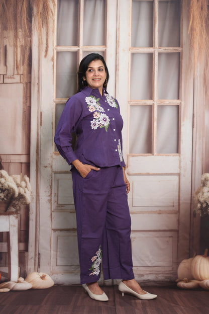 Matte Purple Cotton Co-ord Set | Floral Thread Embroidery Design