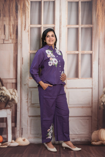 Matte Purple Cotton Co-ord Set | Floral Thread Embroidery Design