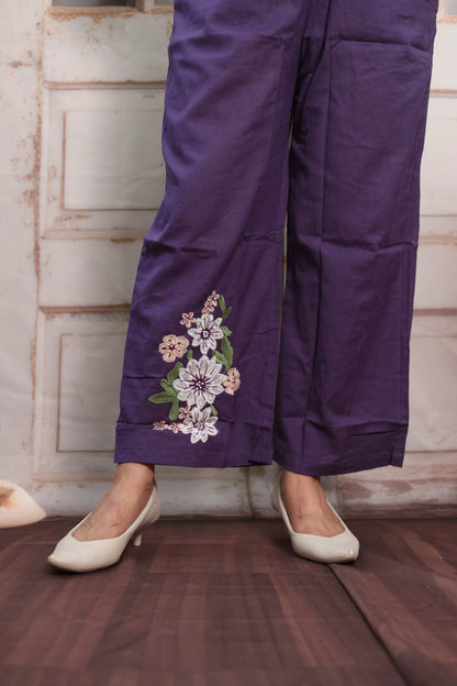 Matte Purple Cotton Co-ord Set | Floral Thread Embroidery Design