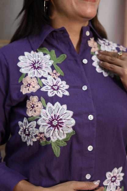 Matte Purple Cotton Co-ord Set | Floral Thread Embroidery Design