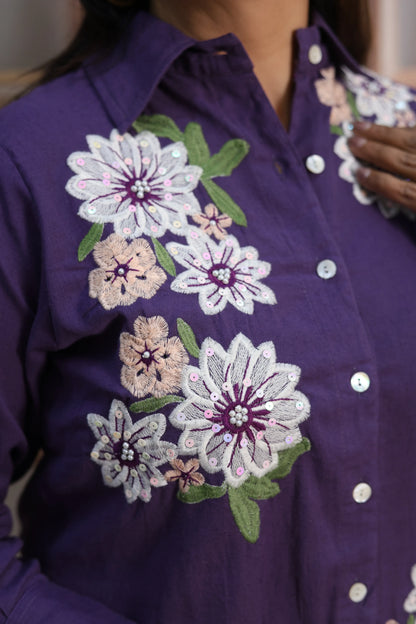 Matte Purple Cotton Co-ord Set | Floral Thread Embroidery Design