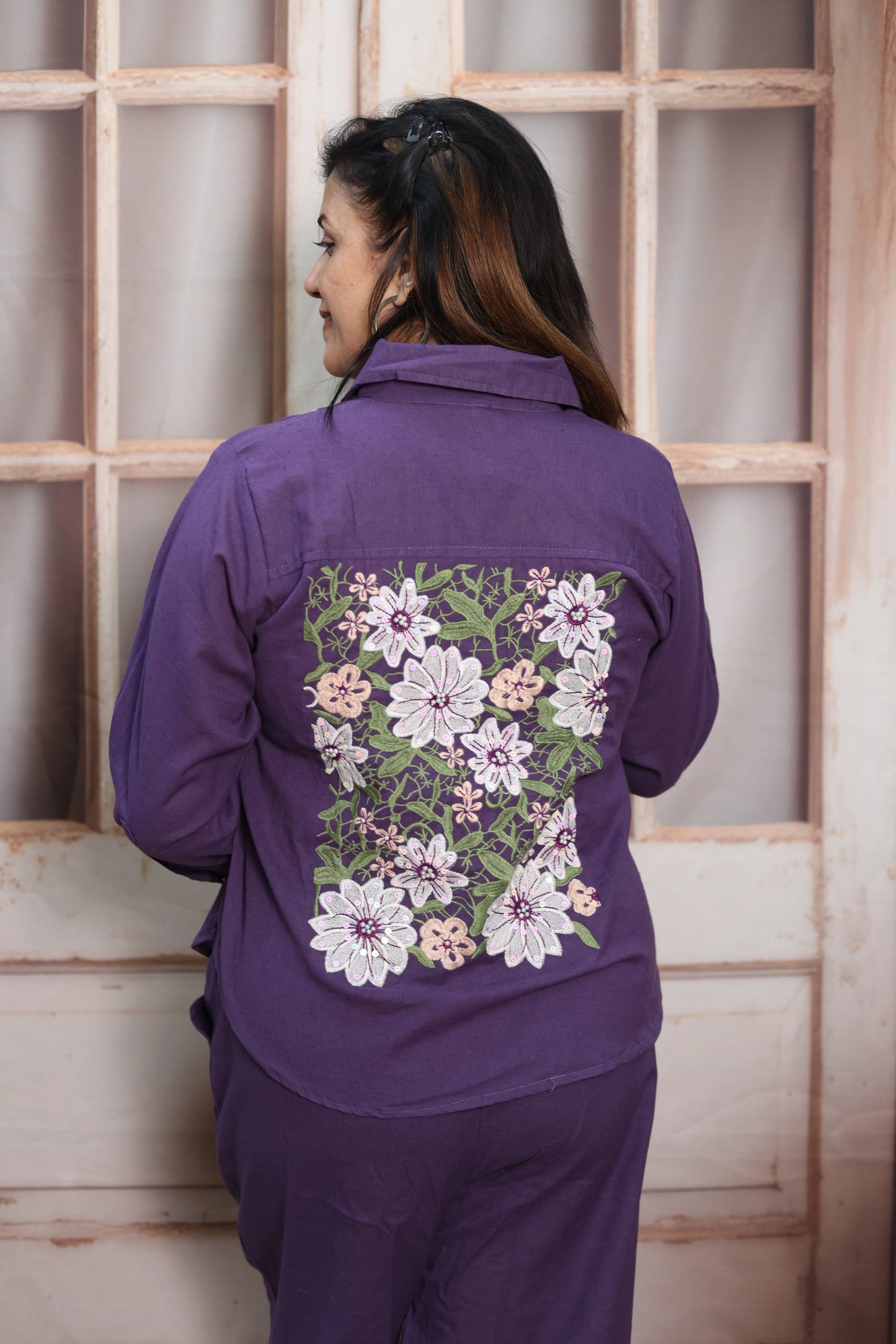 Matte Purple Cotton Co-ord Set | Floral Thread Embroidery Design