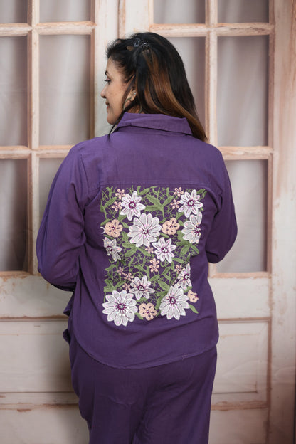 Matte Purple Cotton Co-ord Set | Floral Thread Embroidery Design