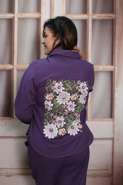 Matte Purple Cotton Co-ord Set | Floral Thread Embroidery Design
