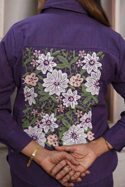 Matte Purple Cotton Co-ord Set | Floral Thread Embroidery Design
