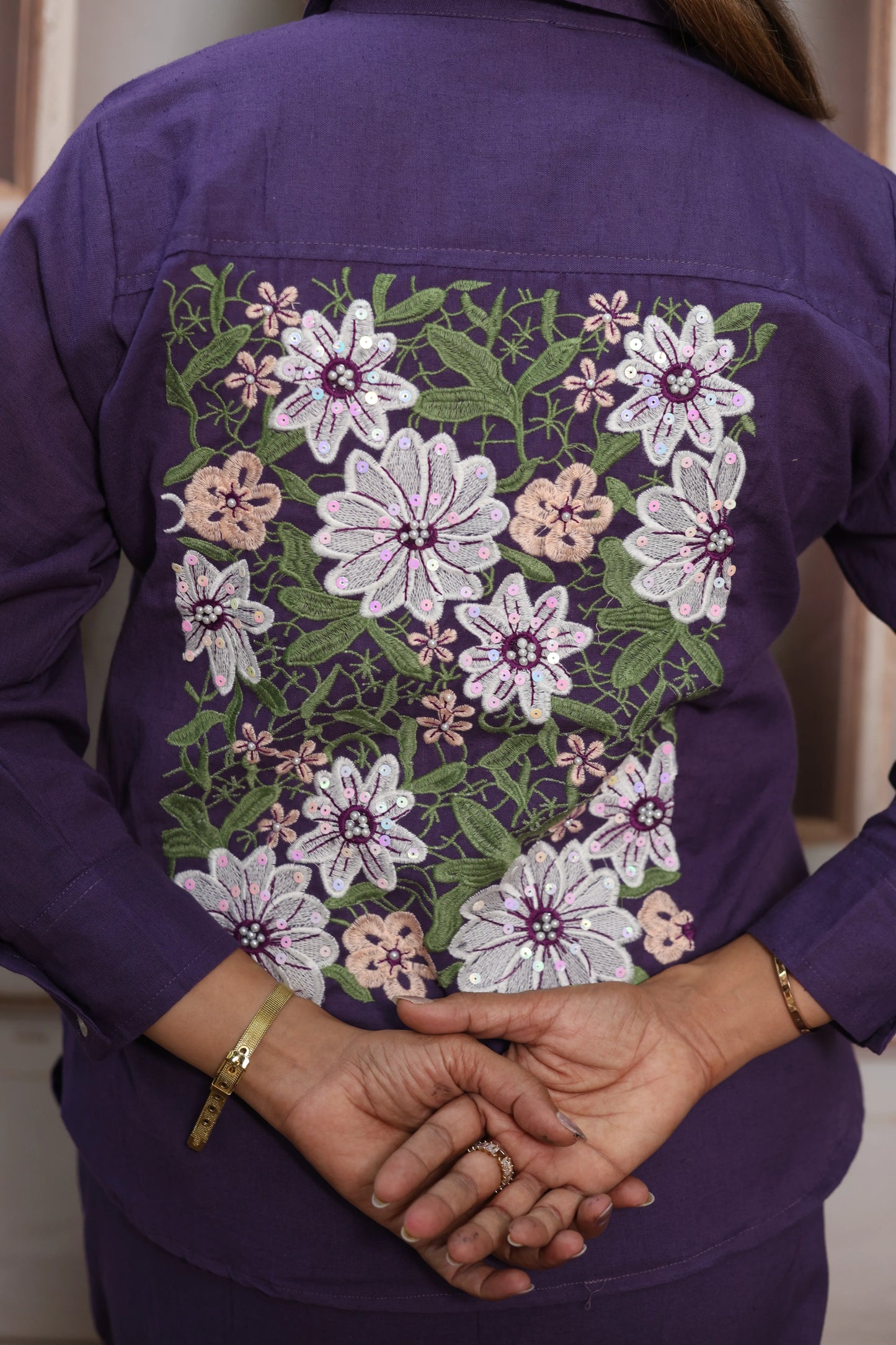 Matte Purple Cotton Co-ord Set | Floral Thread Embroidery Design